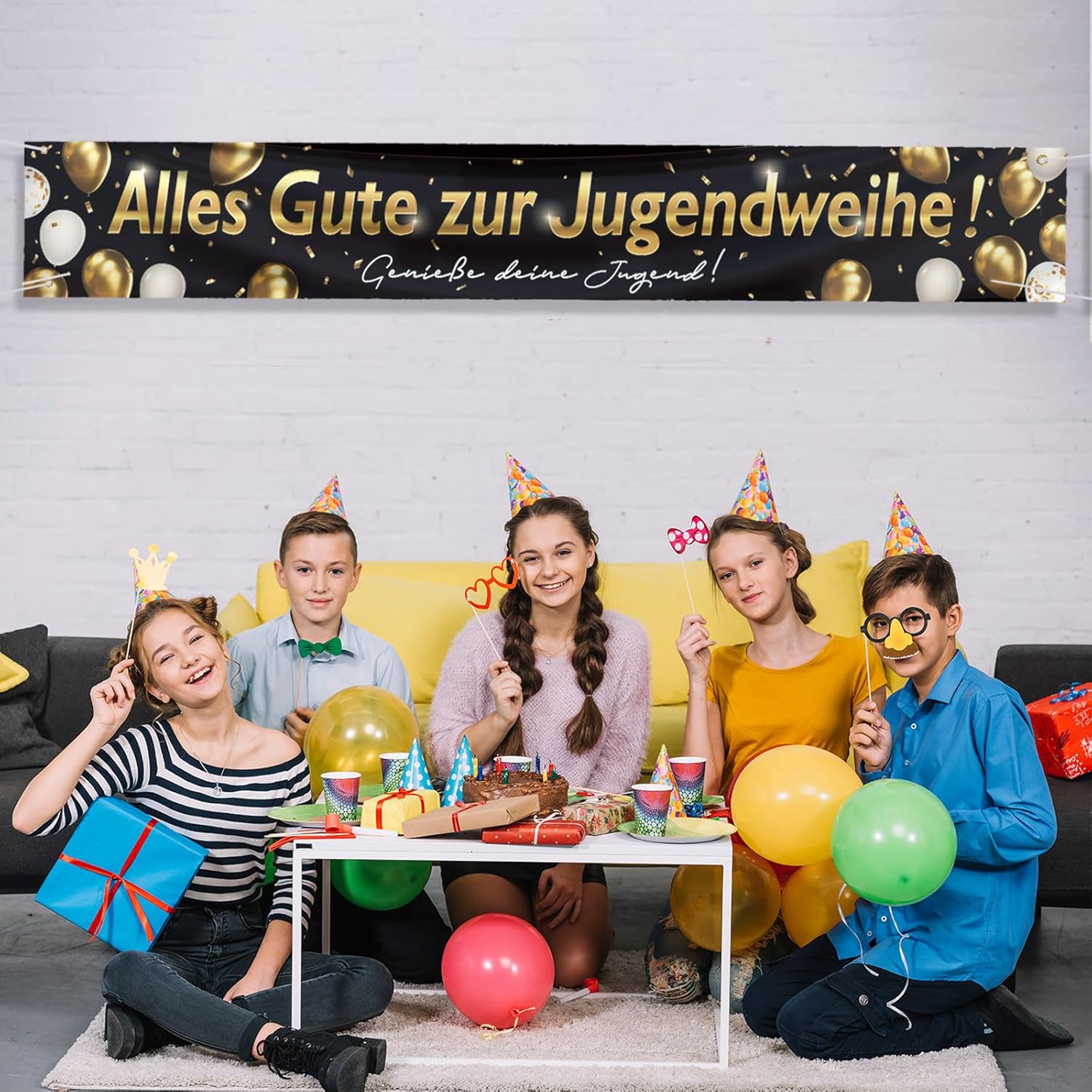Party Banner Gold - Jugendweihe Süslemeleri, Jugendweihe Siyah Altın Afişi,