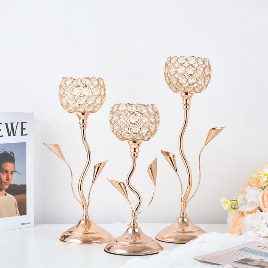 Centerpiece Stick - Altın Kristal Mumluk, Demir Çiçek Şekilli